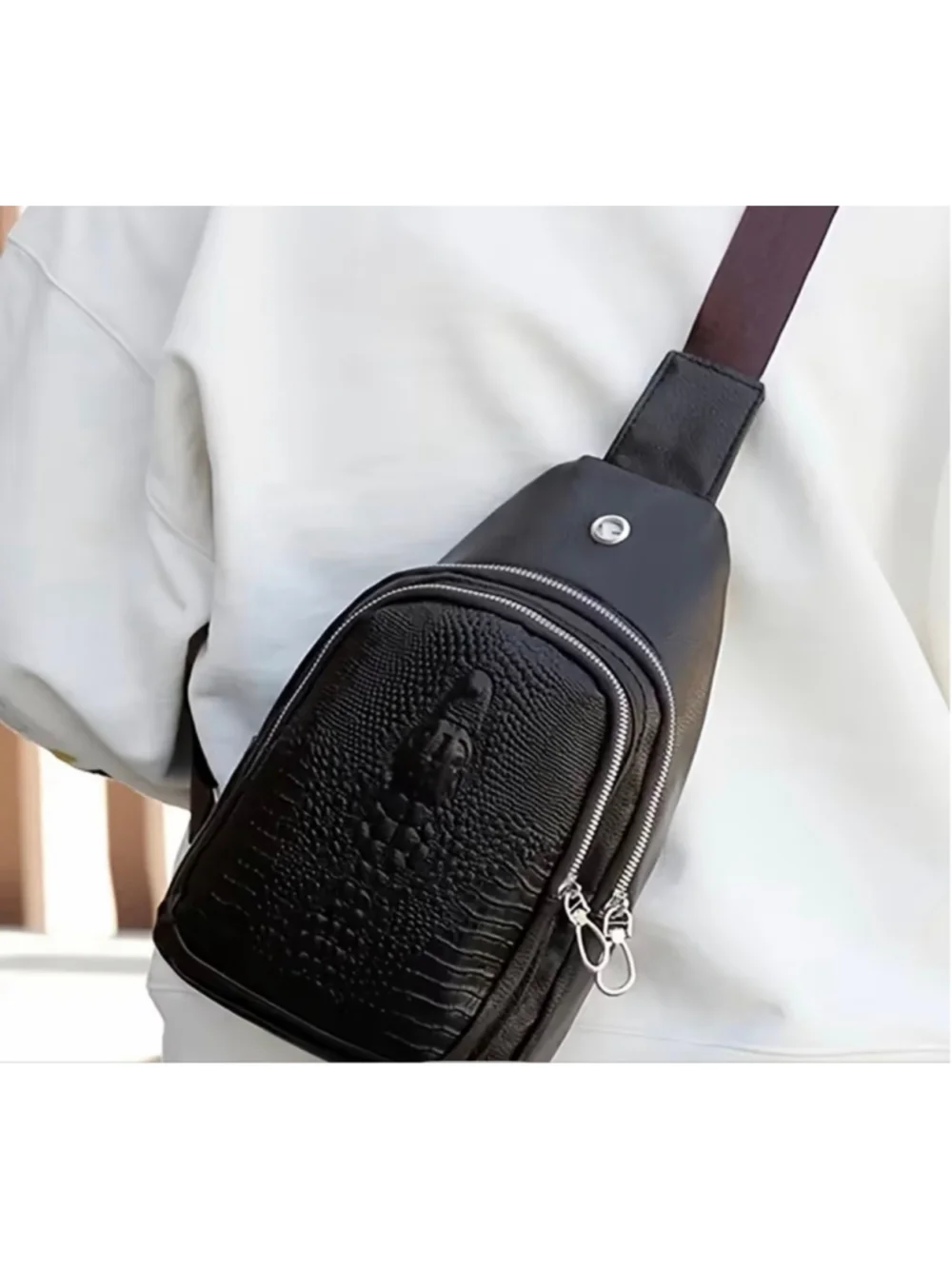 Unisex Black Crocodile Embossed Crossbody Bag